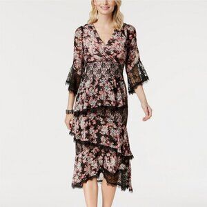 JAX Black Label Black & Pink Floral Lace Tiered Dress, Size 12